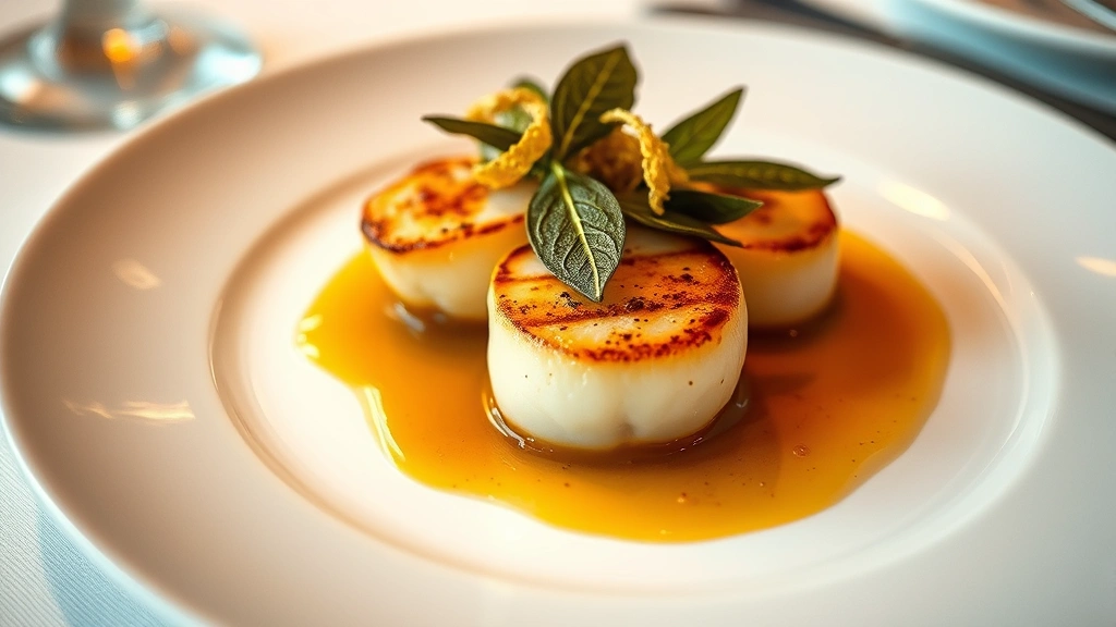Elegant plated seafood dish featuring seared diver scallops with brown butter sauce, crispy sage leaves, and corn silk garnish on white ceramic plate, professional restaurant lighting, shallow depth of field