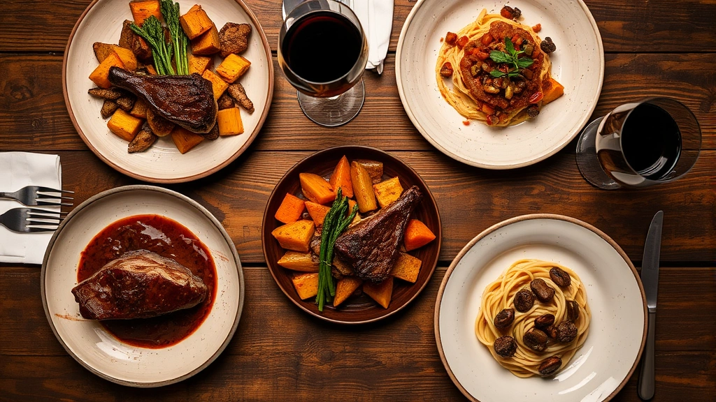 Overhead view of rustic wooden table with multiple restaurant week dishes: braised short rib, roasted vegetables, fresh pasta with mushroom ragĂą, and wine glasses, warm ambient lighting, artisanal plating