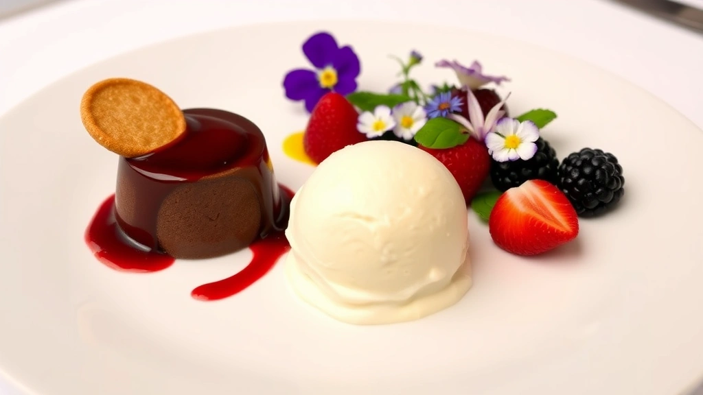 Fine dining dessert plate featuring dark chocolate mousse with raspberry coulis, crispy tuile cookie, vanilla bean ice cream, fresh berries, and edible flowers on white plate, professional culinary presentation