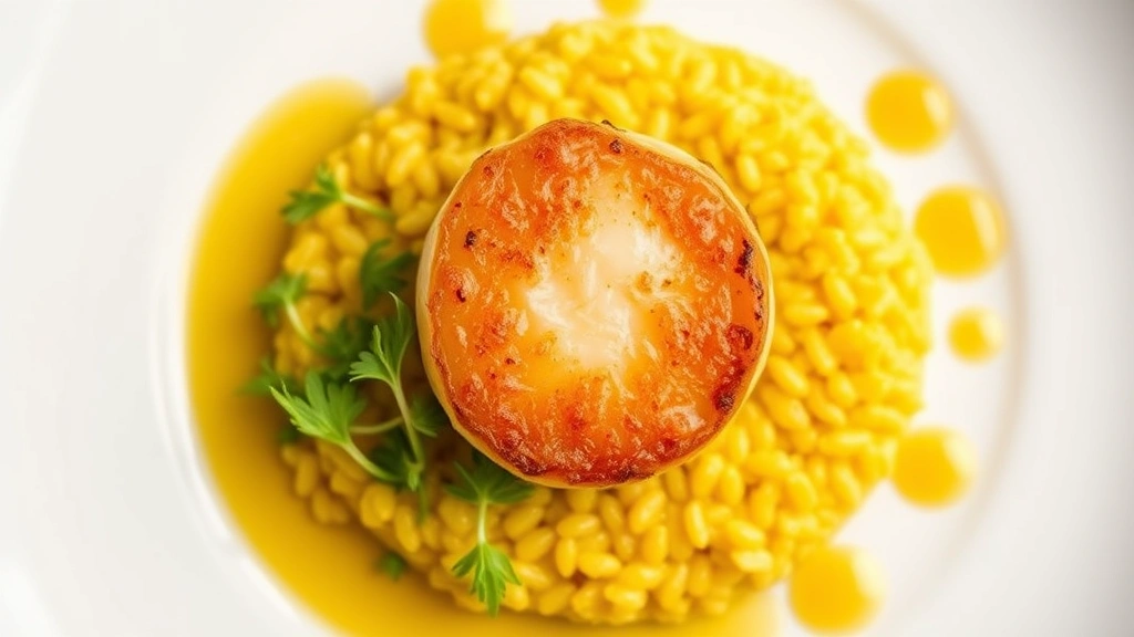 Overhead shot of elegant plated seafood course: pan-seared scallop with golden crust, accompanied by saffron risotto, microgreens, and delicate sauce dots on white ceramic plate
