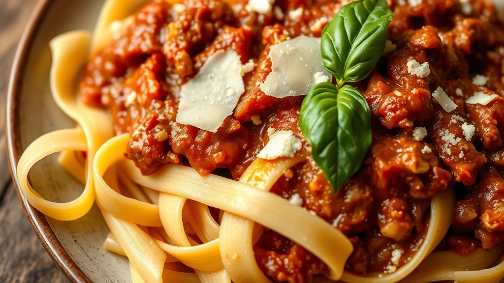 Close-up of handmade fresh pasta: wide pappardelle ribbons glistening with rich wild boar ragù, topped with shaved Parmigiano-Reggiano and fresh basil leaf, rustic wooden table surface