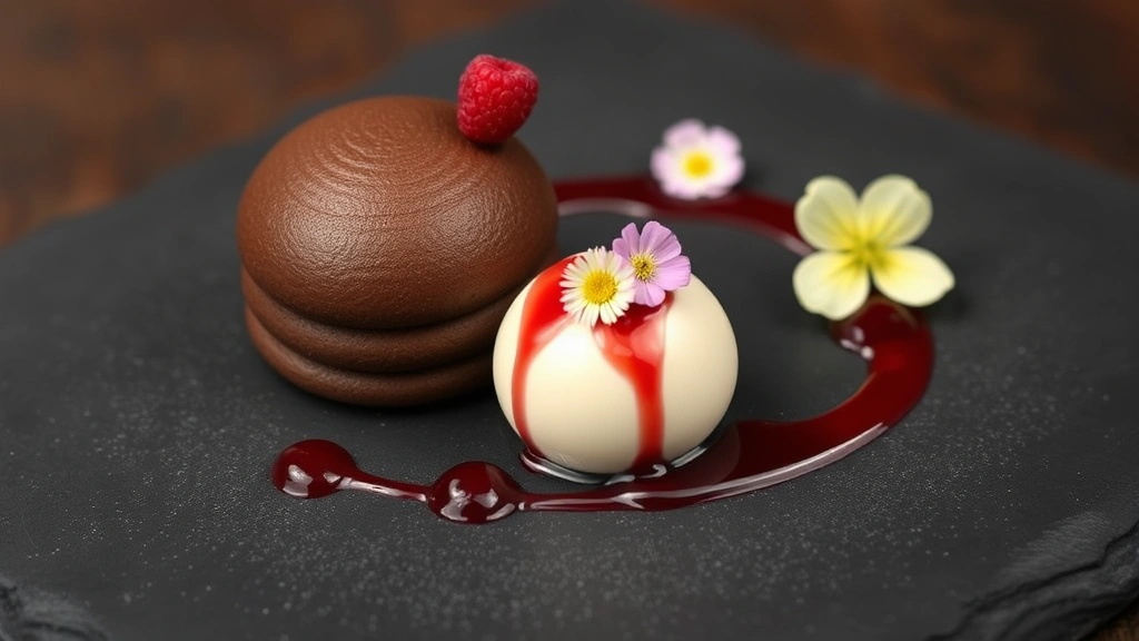 Sophisticated chocolate dessert presentation: dark chocolate mousse dome, milk chocolate cremeux, white chocolate component, fresh raspberry coulis accent, edible flowers, fine dining plating on slate