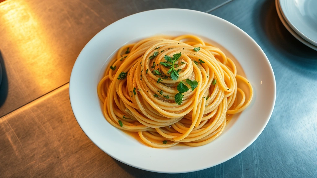 Overhead shot of a perfectly plated pasta dish with fresh herbs, silky sauce coating each strand, steam rising, warm golden lighting, restaurant kitchen environment