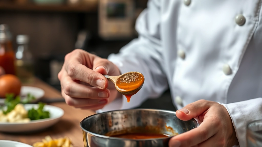 Close-up of a chef's hands carefully seasoning and tasting a sauce from a wooden spoon, focused concentration, professional kitchen setting, ingredients visible in background