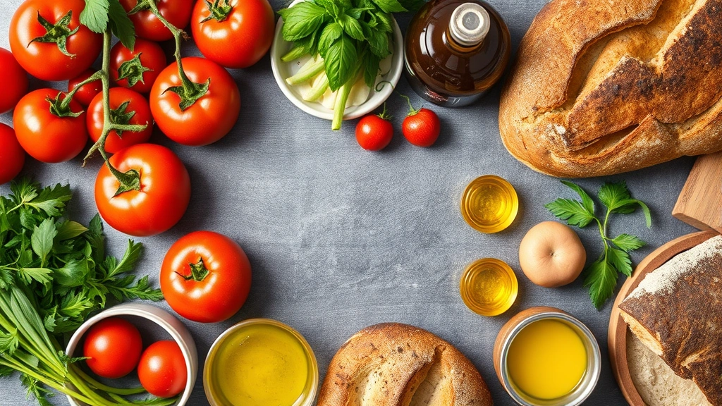 Flat lay of fresh local produce and ingredients arranged artfully—heirloom tomatoes, fresh herbs, quality oils, artisanal bread—showcasing ingredient quality and sourcing