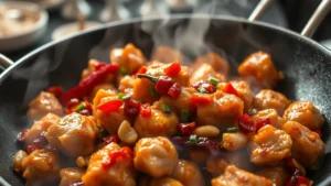 Close-up of steaming kung pao chicken in a wok with visible Sichuan peppercorns, diced red chilies, roasted peanuts, and tender chicken pieces glistening with glossy sauce, wisps of steam rising, professional restaurant kitchen lighting