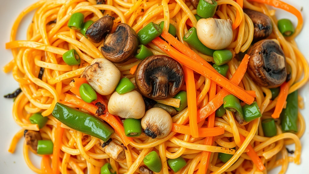 Overhead view of freshly prepared chow mein noodles with visible char marks, crispy exterior texture, scattered snap peas, mushrooms, and shredded carrots maintaining individual color and structure, glistening with light oil coating, vibrant colors