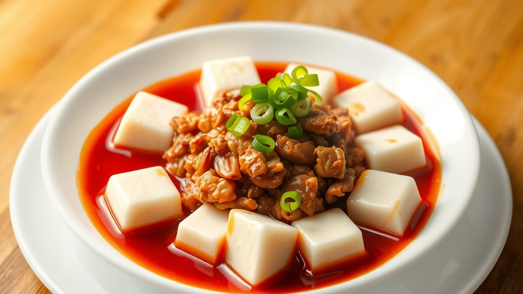 Artfully plated mapo tofu dish showing silky white tofu cubes in glossy red numbing sauce with visible minced pork, fresh scallion garnish, and sesame oil sheen, steam gently rising, professional food photography styling