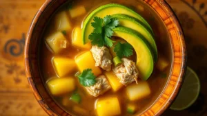Overhead view of steaming bowl of ajiaco soup with white potatoes, yellow potatoes, corn, and chicken broth, topped with fresh avocado slices and cilantro, served in traditional ceramic bowl with lime wedge on side, warm lighting