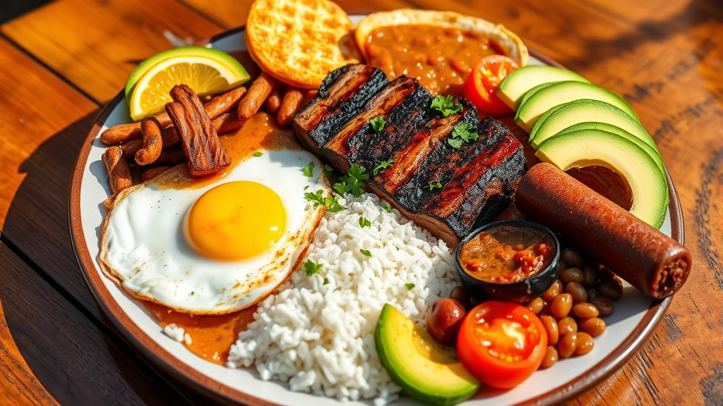 Colorful bandeja paisa platter with grilled steak, crispy chicharrĂłn, chorizo, fried egg, white rice, beans, arepa, fresh avocado slices and tomatoes arranged on large plate, rustic wooden table, natural daylight