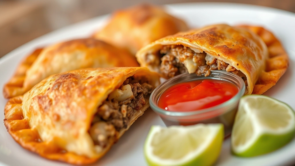 Close-up of golden-fried empanadas cut in half showing seasoned beef and potato filling, arranged on white plate with red ajĂ picante sauce and fresh lime wedges, shallow depth of field, appetizing steam visible