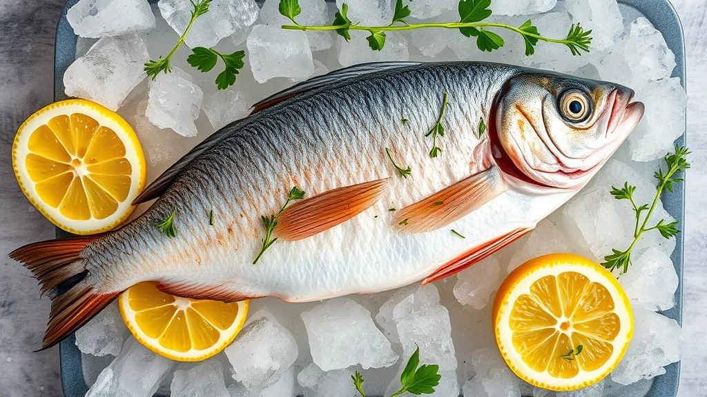 Overhead view of pristine whole Mediterranean branzino on crushed ice with fresh lemon wedges, microgreens, and sea salt crystals, photorealistic culinary photography, soft natural lighting