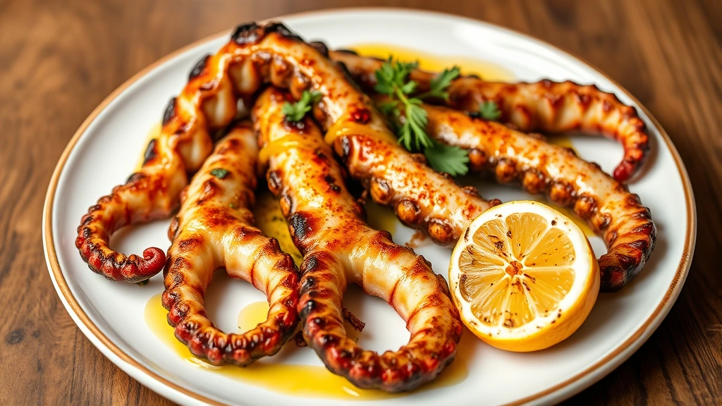 Grilled octopus tentacles with charred exterior on white ceramic plate, drizzled with golden olive oil and smoked paprika, accompanied by grilled lemon halves and fresh herbs, restaurant-quality plating