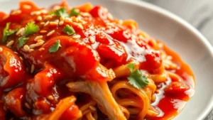 Close-up of vibrant red and orange mole sauce coating tender shredded chicken on white plate, garnished with sesame seeds and cilantro, steam rising, dramatic lighting highlighting sauce glossiness