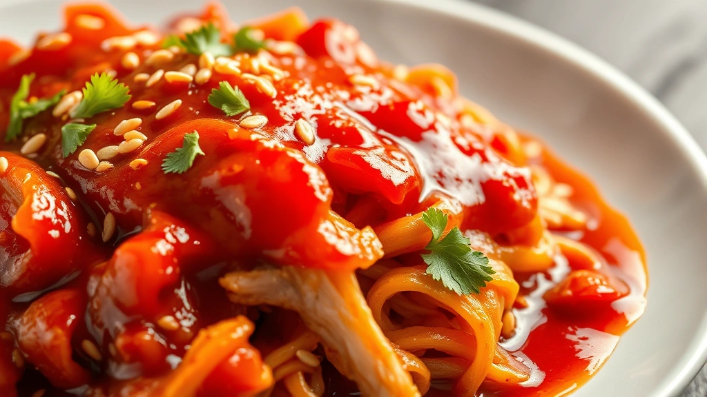 Close-up of vibrant red and orange mole sauce coating tender shredded chicken on white plate, garnished with sesame seeds and cilantro, steam rising, dramatic lighting highlighting sauce glossiness