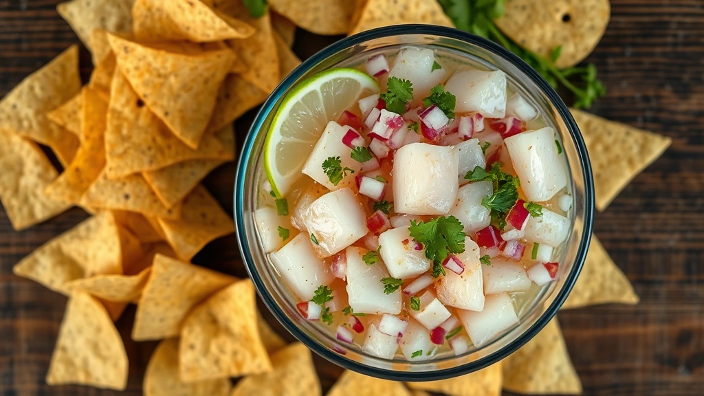 Overhead view of fresh ceviche in glass bowl with translucent fish pieces, lime juice glisten, diced red onion, cilantro, and crispy tortilla chips arranged artfully around bowl on wooden table
