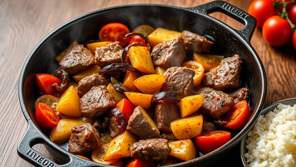 Sizzling cast iron skillet of lomo saltado with tender beef strips, crispy golden potatoes, charred onions and red tomatoes, steam rising, served with fluffy white rice on side, professional food photography