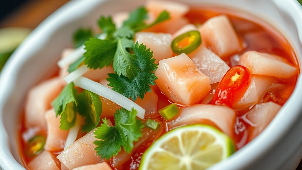 Close-up of vibrant ceviche in a white ceramic bowl, featuring translucent raw fish, lime-cured onions, cilantro leaves, and chile slices glistening with citrus juice, shallow depth of field