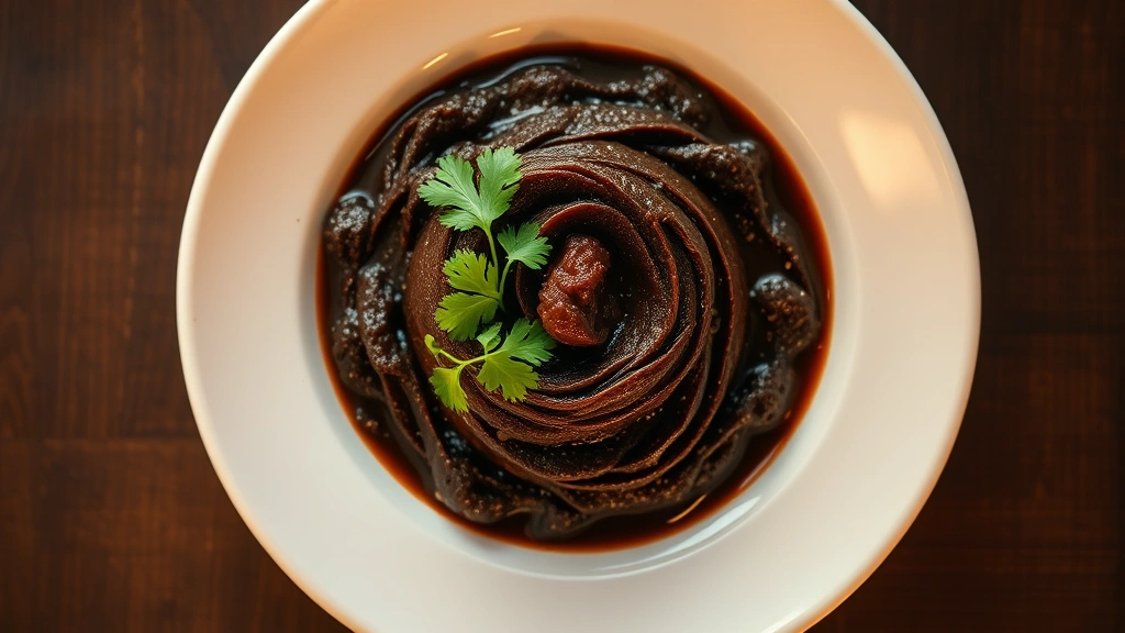 Overhead shot of traditional mole negro being carefully plated on white dish, rich dark sauce with intricate layered appearance, fresh cilantro garnish, warm golden lighting