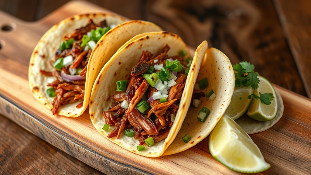 Artfully arranged street tacos on rustic wooden board, charred corn tortillas filled with perfectly shredded carnitas, fresh onion, cilantro, lime wedges on the side, steam rising slightly