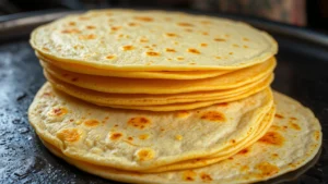 Close-up of vibrant handmade corn tortillas stacked warm on a traditional comal griddle, steam rising, showing texture and golden spots from direct heat