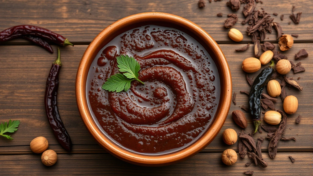 Overhead shot of an authentic mole sauce in a rustic clay bowl with roasted dried chiles, chocolate shavings, and nuts scattered nearby on a wooden surface
