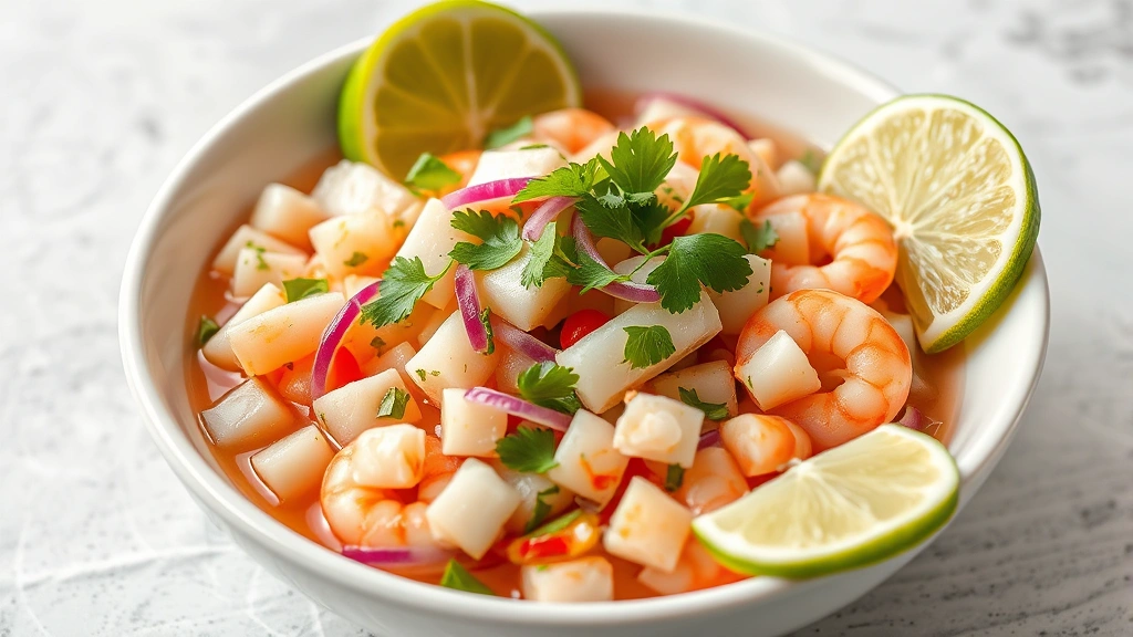 Beautifully plated ceviche in a white ceramic bowl with diced white fish, pink shrimp, red onion, cilantro, avocado slices, and lime wedges arranged artfully