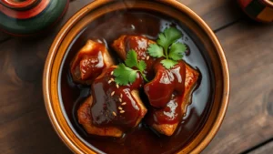 Overhead shot of vibrant mole negro sauce coating tender chicken, displaying deep brown color with glossy finish, garnished with sesame seeds and fresh cilantro, steaming bowl on rustic wooden table with authentic Mexican pottery