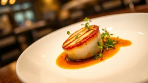 Professional plated fine dining dish featuring perfectly seared scallop with microgreens, sauce reduction, and garnish on white ceramic plate, warm lighting, restaurant kitchen background blurred, close-up macro photography