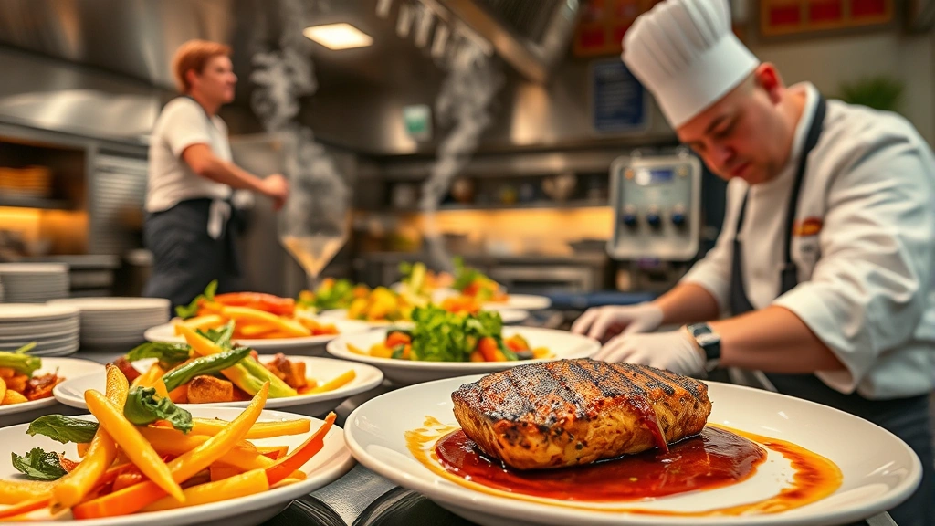 Vibrant casual restaurant kitchen scene with chef plating colorful seasonal vegetables, grilled protein, and sauce with precision, open kitchen concept, steam rising, natural movement captured, warm overhead lighting