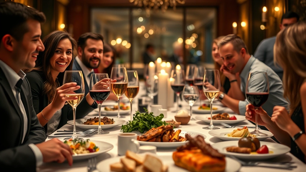Diverse group of diners enjoying meals together at elegant restaurant table, multiple courses visible, wine glasses, genuine expressions of satisfaction, candlelit ambiance, shallow depth of field focusing on food details