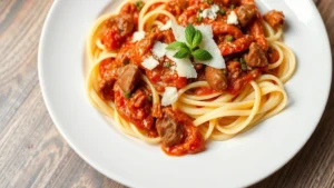 Plato de tagliatelle al ragù artesanal con pasta fresca casera, salsa de carne lentamente cocida, queso parmesano recién rallado, hierbas frescas italianas, presentación rústica elegante en plato blanco
