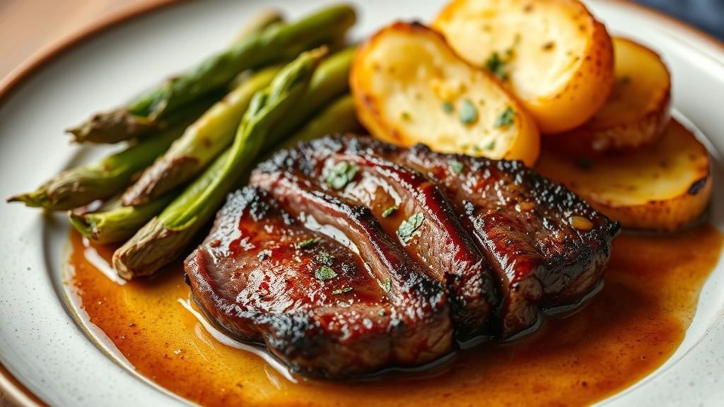 Filete de carne rib-eye marmoleado perfectamente asado con costra caramelizada oscura, acompañado de papas gratinadas cremosas con queso, espárragos frescos envueltos en tocino crujiente, presentación gourmet en plato caliente