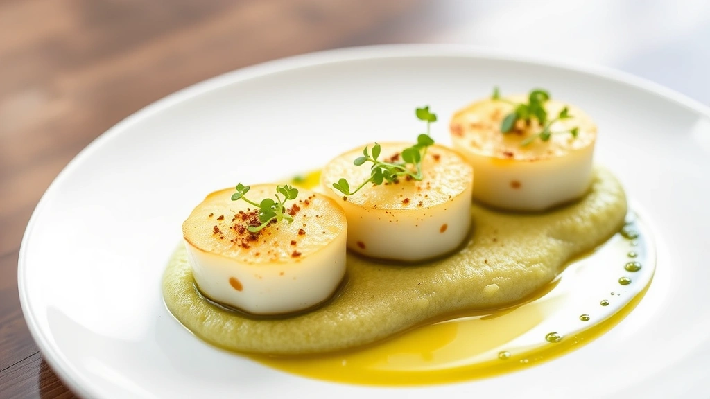 Vieiras de bahía selladas en sartén caliente sobre puré sedoso de coliflor infusionado con ajo, decoradas con microgreens verdes brillantes, aceite aromático, plato blanco minimalista con presentación contemporánea de alta cocina