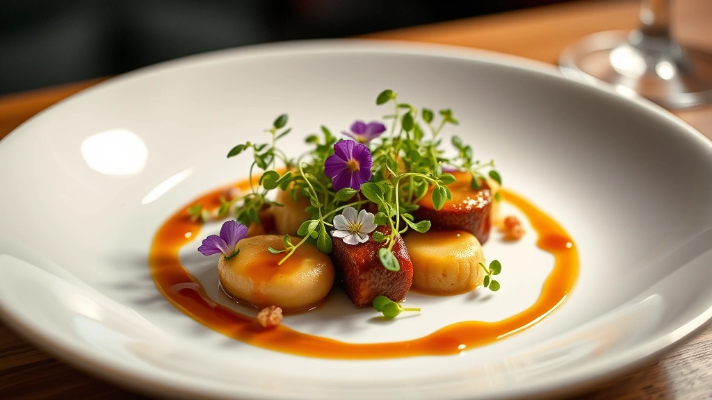 Artfully plated fine dining dish with microgreens, edible flowers, and precision sauce work on white porcelain plate under warm professional lighting