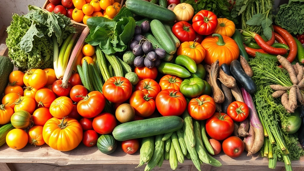 Colorful farmers market display with fresh seasonal vegetables, heirloom tomatoes, leafy greens, root vegetables arranged on rustic wooden table with natural daylight