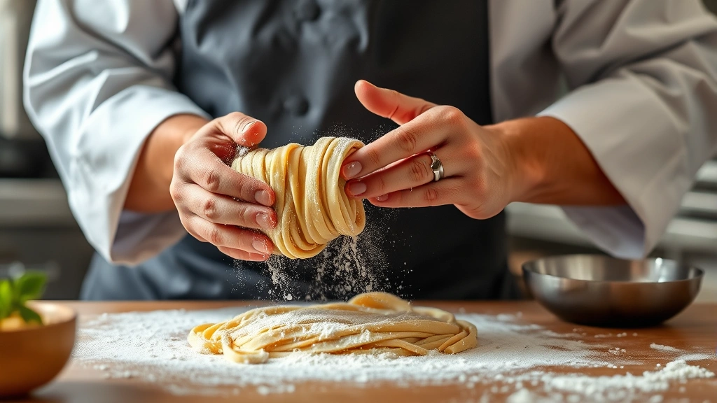 Chef's hands preparing fresh pasta dough from scratch, dusting with flour, showing traditional Italian cooking technique in professional kitchen setting