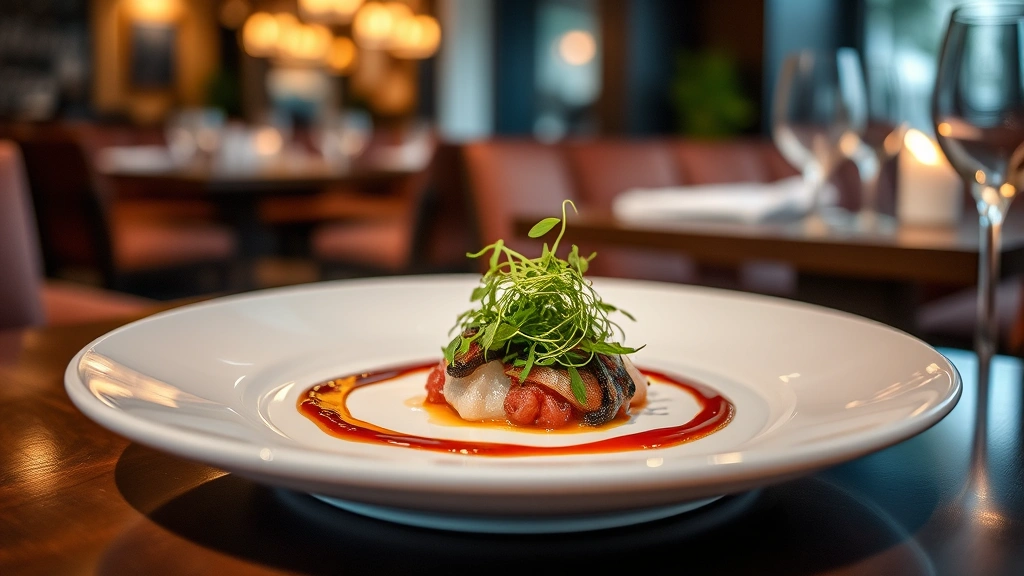Elegant plated fine dining dish with microgreens, sauce drizzle, and artistic food placement on white ceramic plate, professional restaurant setting, soft warm lighting, shallow depth of field