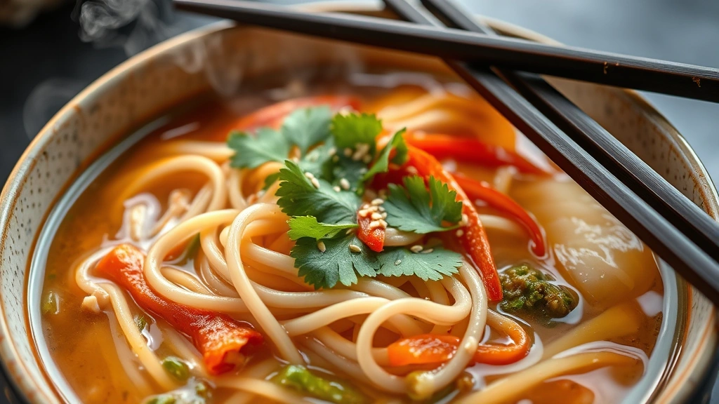 Vibrant Asian noodle bowl with fresh vegetables, steaming broth, garnished with cilantro and sesame seeds, chopsticks resting on bowl rim, close-up food photography, steam visible