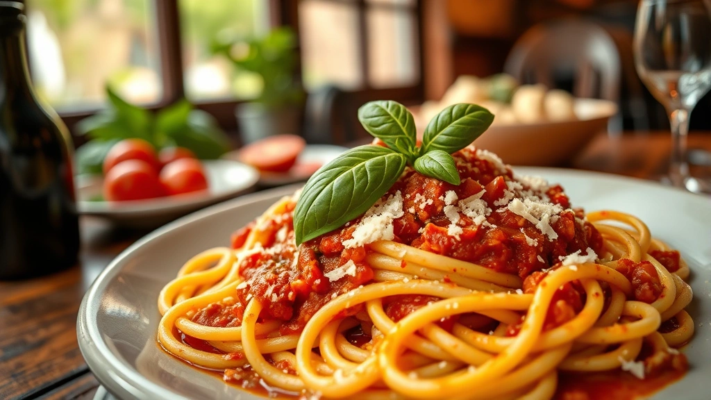 Rustic Italian pasta dish with fresh basil, parmesan shavings, and rich tomato sauce, wooden table setting, natural window lighting, authentic trattoria ambiance, shallow focus on pasta