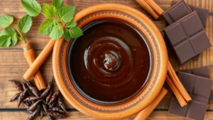 Overhead shot of authentic mole sauce in a traditional clay bowl with dark, complex color, surrounded by fresh ingredients like dried chiles, cinnamon stick, and Mexican chocolate, warm natural lighting, rustic wooden table background