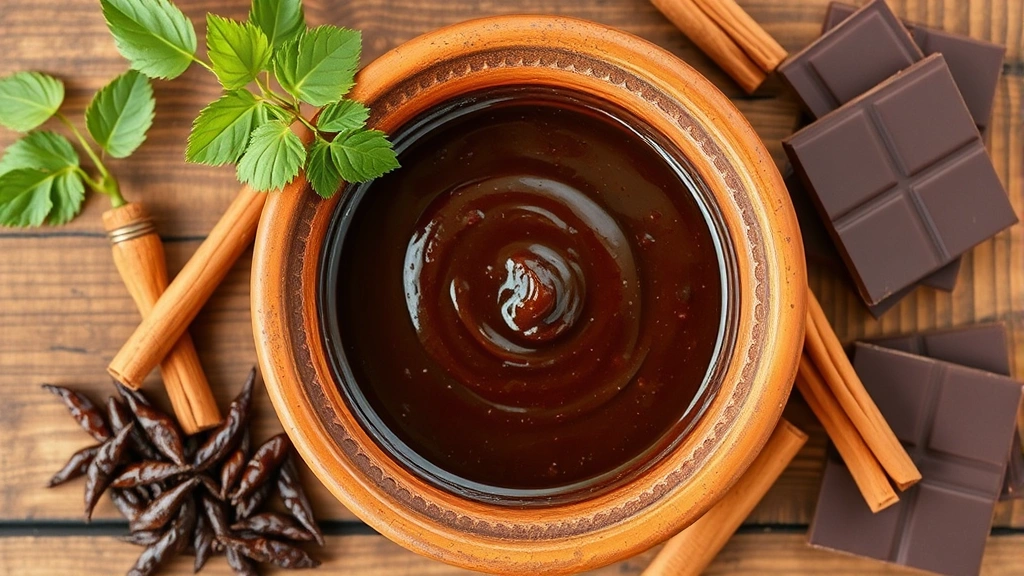 Overhead shot of authentic mole sauce in a traditional clay bowl with dark, complex color, surrounded by fresh ingredients like dried chiles, cinnamon stick, and Mexican chocolate, warm natural lighting, rustic wooden table background