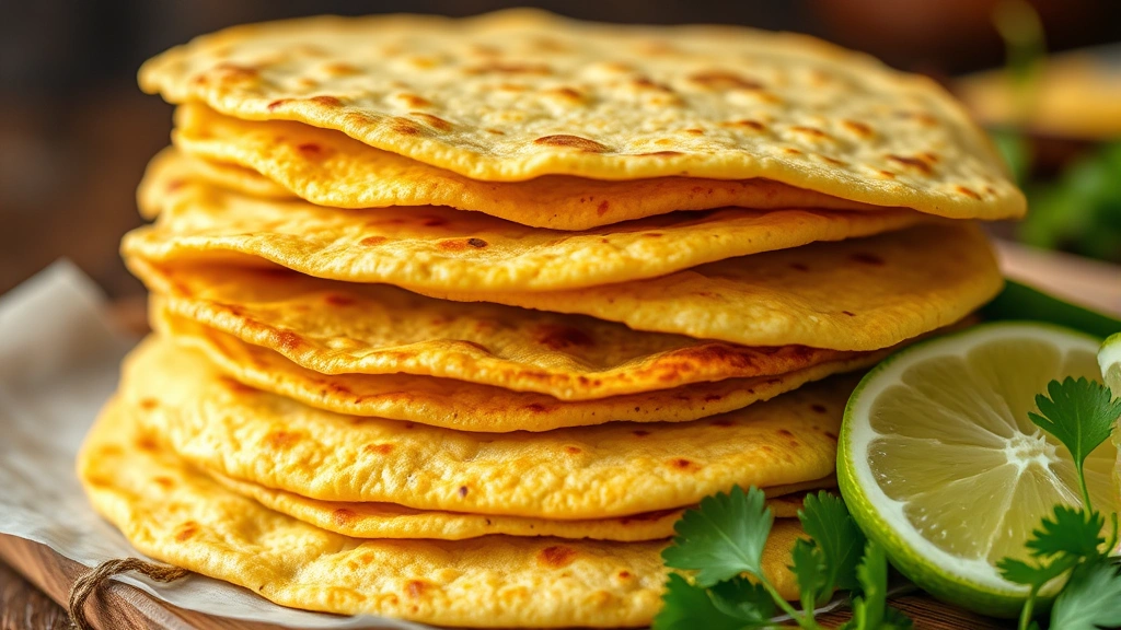 Close-up of fresh handmade corn tortillas stacked and steaming, showing texture and golden color, with lime wedges and fresh cilantro nearby, soft warm light highlighting the masa craftsmanship
