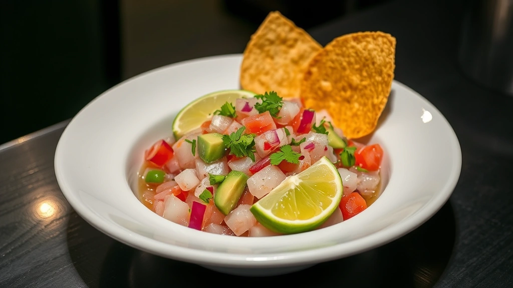 Plated ceviche in a white ceramic bowl with fresh lime juice glistening on raw fish, diced red onion, cilantro, and avocado visible, garnished with crispy tortilla chips, professional restaurant lighting, artistic presentation