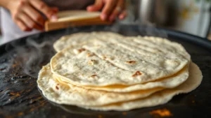 Close-up of freshly made corn tortillas on a traditional comal griddle, showing char marks and steam rising, with hands in background working with tortilla press