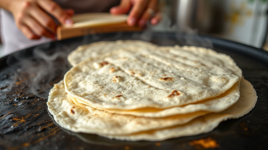 Close-up of freshly made corn tortillas on a traditional comal griddle, showing char marks and steam rising, with hands in background working with tortilla press