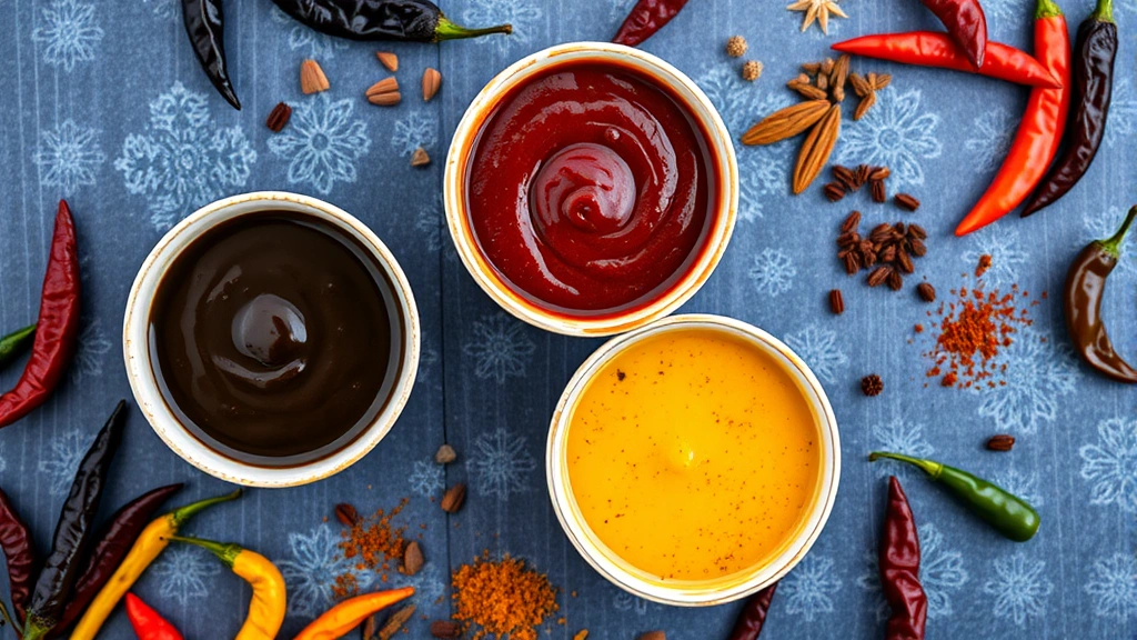 Vibrant overhead shot of three different mole sauces in small bowls - dark mole negro, reddish mole rojo, and yellowish mole amarillo - surrounded by dried chiles and spices