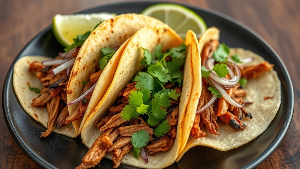 Artfully plated street tacos with carnitas, charred onions, fresh cilantro, lime wedge on dark plate, showing tender shredded pork and crispy edges