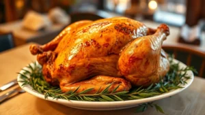 Overhead shot of roasted Thanksgiving turkey on white porcelain platter, golden-brown skin glistening, surrounded by fresh sage sprigs and rosemary, warm autumn lighting, blurred restaurant ambiance background