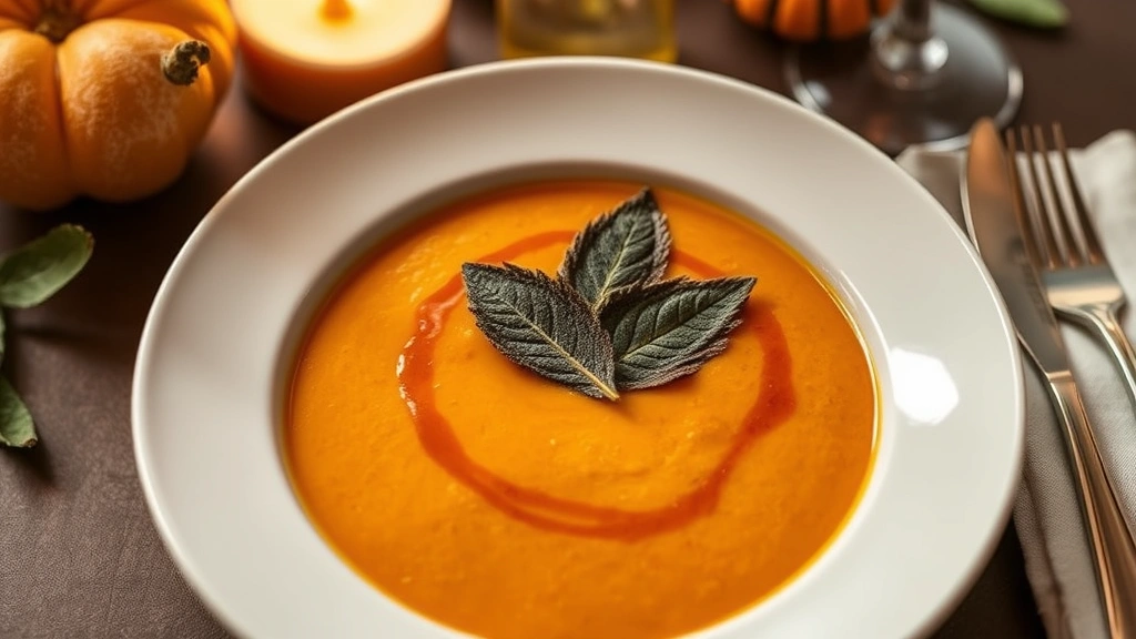 Elegant plated Thanksgiving appetizer featuring butternut squash bisque in white bowl, garnished with crispy sage leaves and brown butter drizzle, fine dining presentation, soft golden lighting